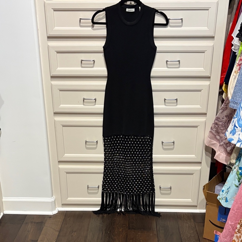 Sandro Black Sleeveless Maxi Dress with Beaded Fringe